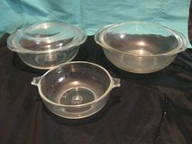 vintage pyrex bowl set of three 019,022,023 clear with cover for 022 only in Camp Lejeune, North Carolina